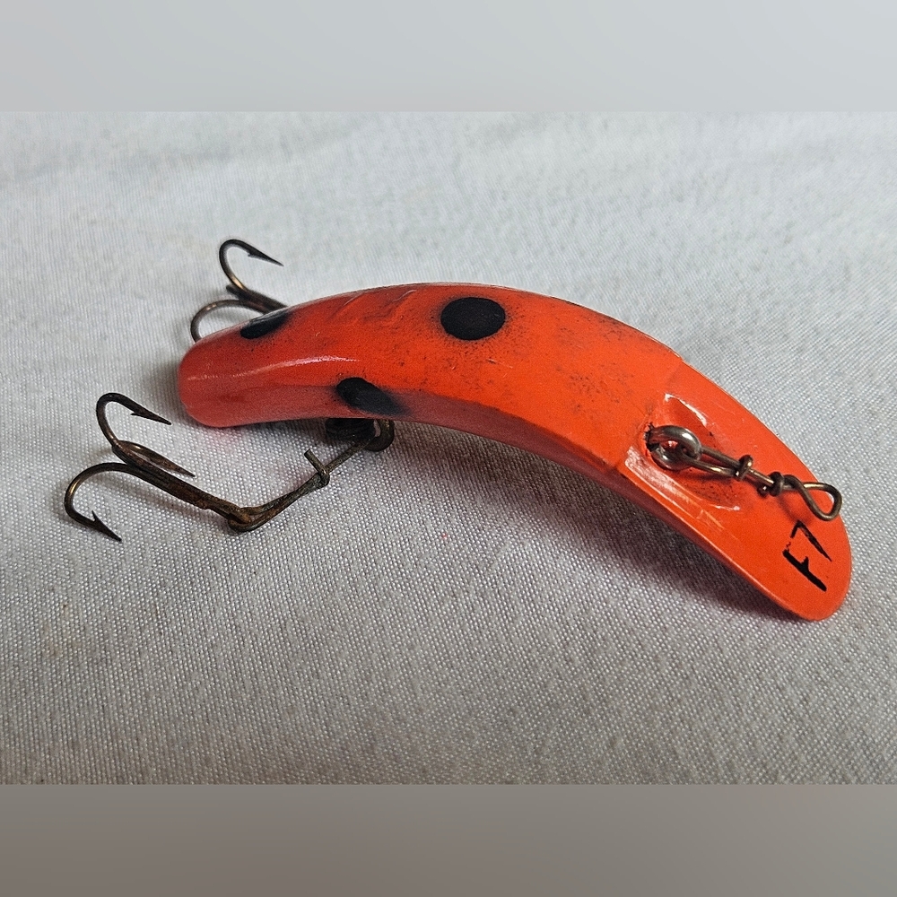 Vtg Helin Flatfish F7 Orange Black Dots Fishing Lure Bait Tackle
